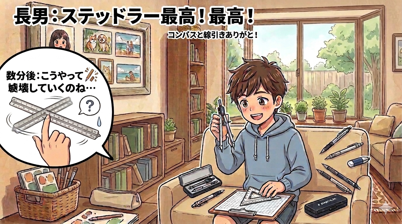 文房具に大興奮する長男のイメージ