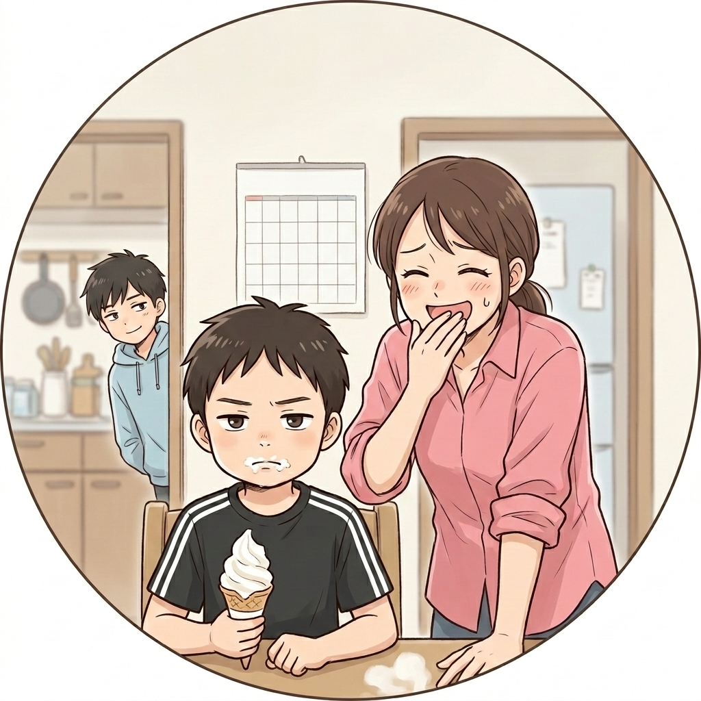 ソフトクリームを食べながら真顔になる次男のイメージ