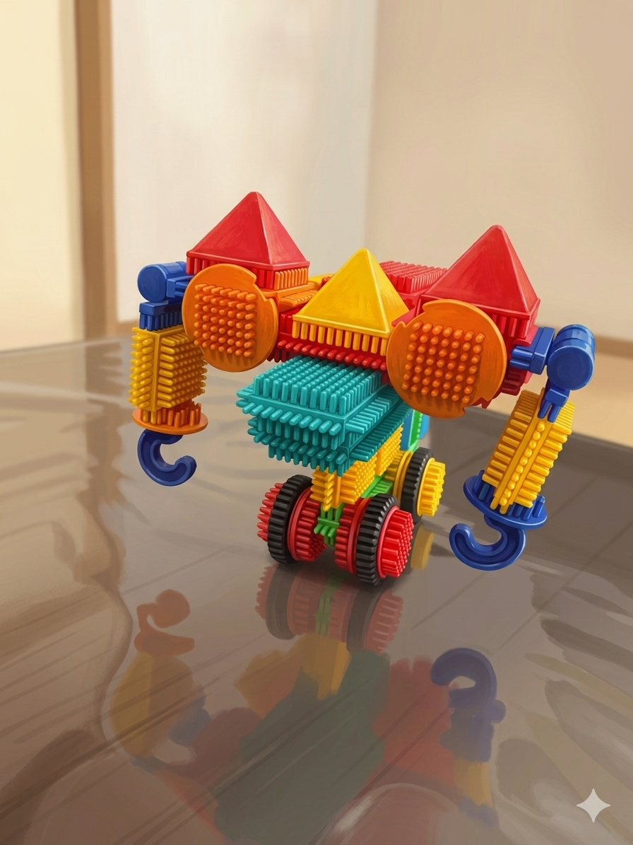 ブロックで作られたロボット「肩幅ひろし足細し」