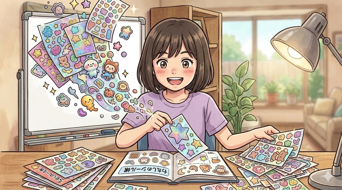 シールに夢中の長女のイメージ