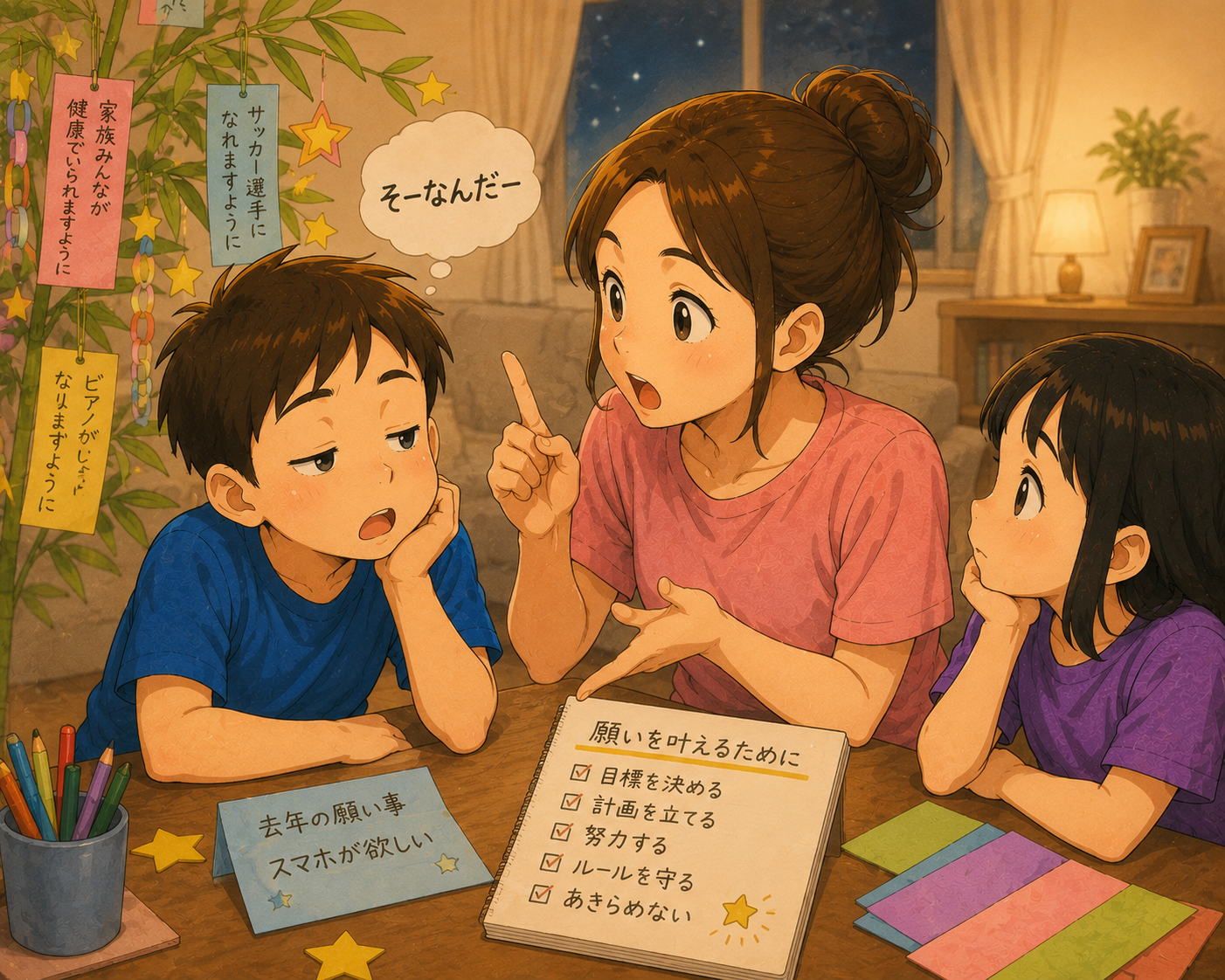 七夕の願い事について長男に熱く語る母のイメージ