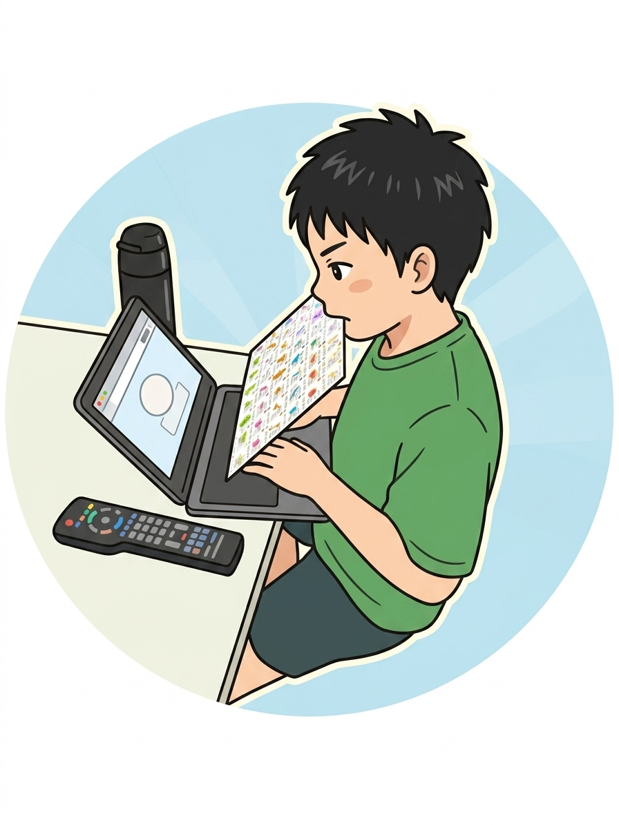 下敷きを口に挟んでタイピング練習する長男のイメージ